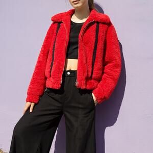 LEA & VIOLA Red Teddy Bomber Jacket Size XS